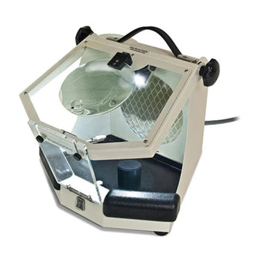 Foredom lighted work chamber with LED light, magnifier lens, and dust collector port.