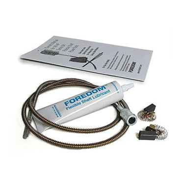 Foredom MSMK-10 flex shaft motor tune-up kit including a replacement inner shaft, grease tube, carbon brushes, and manual.