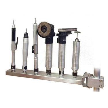 Foredom multi handpiece arm holding an array of flex shaft handpieces mounted on stand pole.