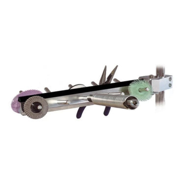 Foredom peg arm organizer holding a flex shaft handpiece, abrasive wheels, and pliers.