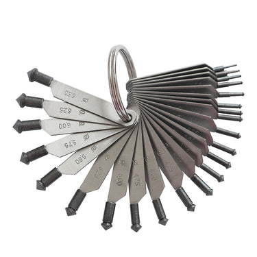 Fan-out view of stainless steel gemstone measuring gauge blades with millimeter markings.
