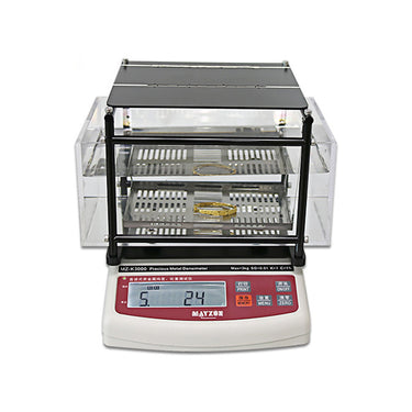 Front straight view of Gold and Platinum Tester MZ-K3000 with a gold bracelet being measured in the water tank.