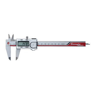 Full view of a Guanglu Absolute 150mm digital caliper showing a measurement readout of 14.78 mm.