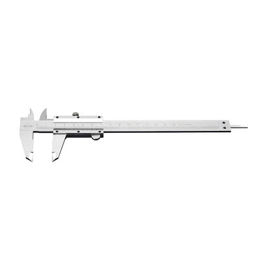 Full side profile view of a Hengliang stainless steel 150mm vernier caliper with a 0.02mm metric measurement scale.