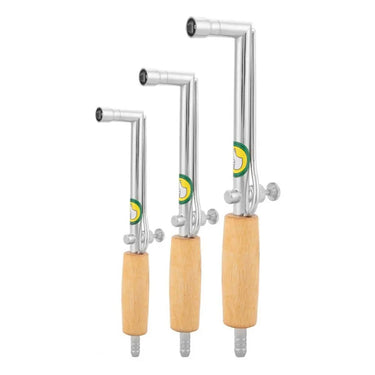 Trio of jewelry gas soldering blowpipe torches with wooden handles in small, medium, and large sizes.