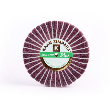 KAAN ZIMPARA Plus brown brush rotary fiber wheel 100mm face showing green center label and 2800 RPM rating.