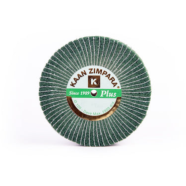 KAAN ZIMPARA Plus green brush rotary fiber wheel 100mm showing label details and 2800 RPM rating.