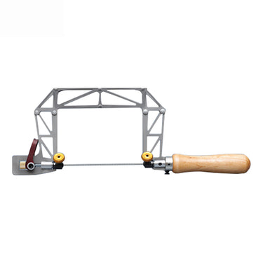 Direct profile view of a Knew Concepts titanium birdcage fret saw with a shallow 3-inch frame depth and wooden handle.