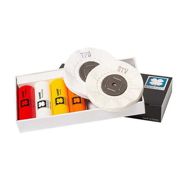 LUXOR Merard jewelry polishing kit with 4 compounds and STV and TPB buffing wheels in open box.