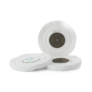 Set of three LUXOR MERARD MOC2 150mm white flannel buffing wheels with stitched rows and cardboard center.