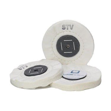 Set of three LUXOR MERARD STV 100mm 54-ply ivory glazed canvas buffing wheels with cardboard centers.