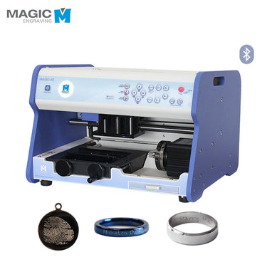Magic-5S engraving machine shown with engraved pendant and ring samples.