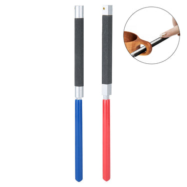Round blue and flat red manual sandpaper holder sticks with an inset showing wood handle polishing