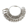 Front view of a silver metal ring sizer measuring tool on a wire loop.