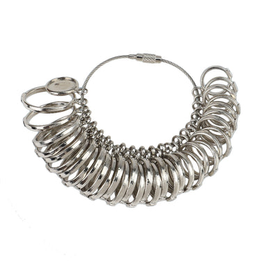 Front view of a silver metal ring sizer measuring tool on a wire loop.