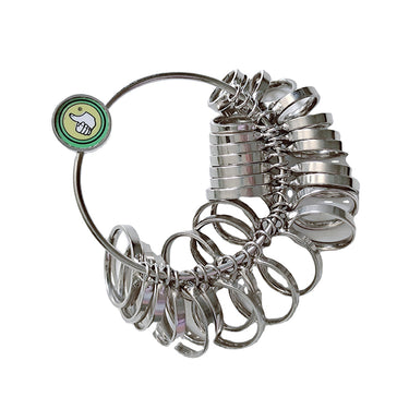 A full view of the metal ring sizer gauge set on a flexible wire loop against a white background.