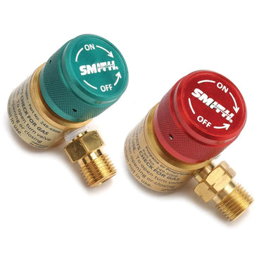 Miller Smith preset oxygen and propane fuel gas regulators with green and red control knobs.