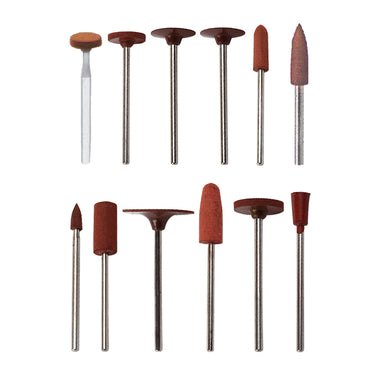 Twelve assorted brown rubber polishing points and wheels mounted on silver metal shanks.