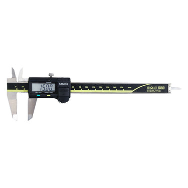 Mitutoyo Digimatic caliper 150mm showing 15.00mm on the high-contrast digital screen.