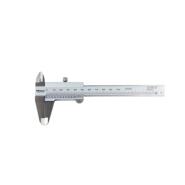 Mitutoyo 100mm vernier caliper with 0.05mm graduation on a clean white background.