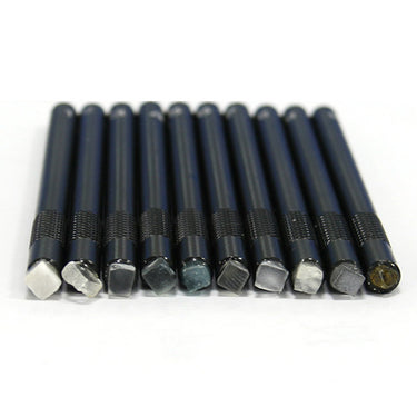 Close-up of ten different mineral tips on Mohs gemological hardness testing pencils arranged in a row.