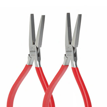 NIQUA Antilope German 145mm flat nose pliers pair comparing smooth and serrated springless models.