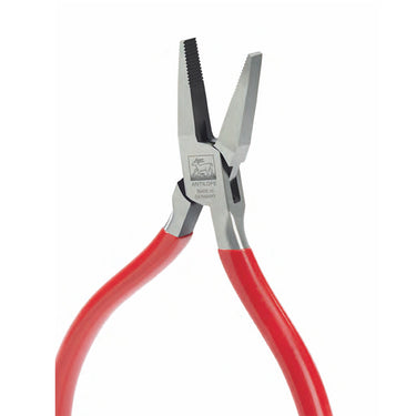 NIQUA Antilope 130mm flat nose serrated pliers without spring showing German hallmark and red handles.