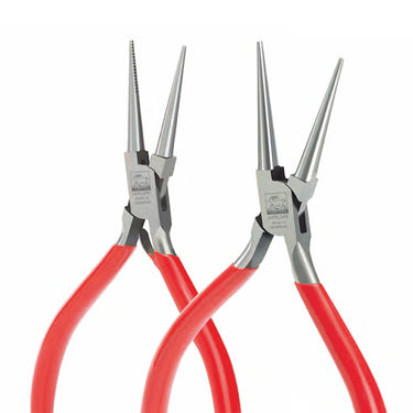 NIQUA Antilope German 145mm round nose pliers pair showing smooth springless and serrated spring models.