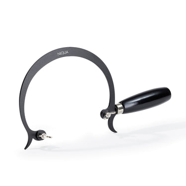 Profile view of a NIQUA Round jeweler's piercing saw frame with a black circular frame bow and glossy black wooden handle.