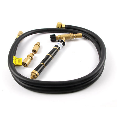 ORCA M75 manual precision soldering torch handle body shown with a black rubber gas hose and two brass torch tips