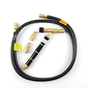 ORCA M75cmb precision manual soldering torch handle body shown with extra brass tips and a black coiled gas hose