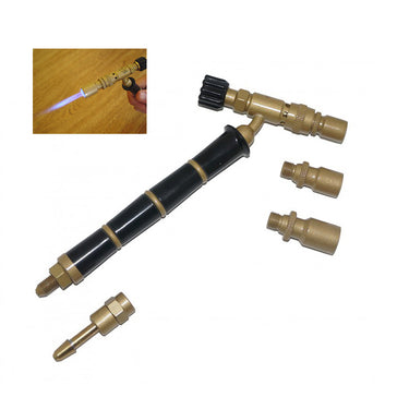 ORCA M75CTG soldering torch handpiece with a brass adapter, three burner tips, and an action flame photo inset