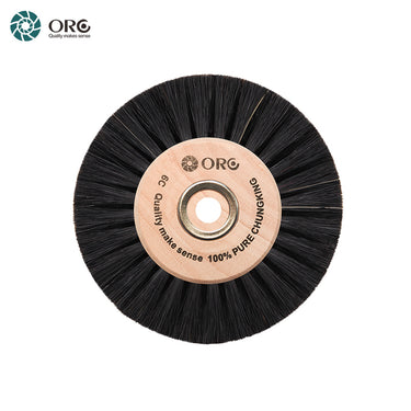 ORO 6C dental polishing brush wheel made of 100% pure black Chungking bristles with a wooden hub.