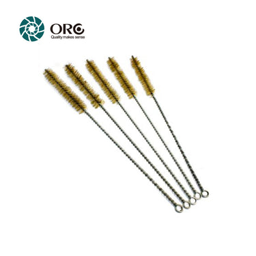 Five ORO brass wire inside ring polishing tube brushes with twisted metal handles and ring loops on white background.
