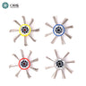 Four ORO MaxiMat texturing brush wheels in yellow, blue, red, and grey showing straight and angled wire pin options.