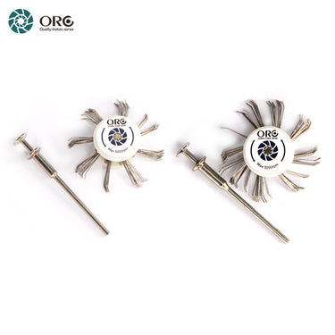 Two ORO MediMat rotary texturing brush wheels paired with two matching steel screw mandrels on a white background.
