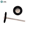 Front view and side profile of an ORO miniature black natural bristle rotary wheel brush mounted on a steel shank.