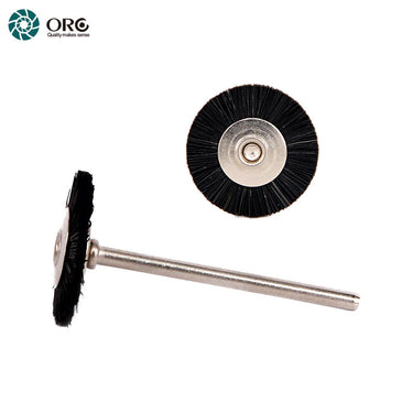 Front view and side profile of an ORO miniature black natural bristle rotary wheel brush mounted on a steel shank.