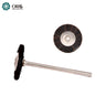 Front view and side profile of an ORO miniature black horsehair rotary wheel brush mounted on a steel shank.