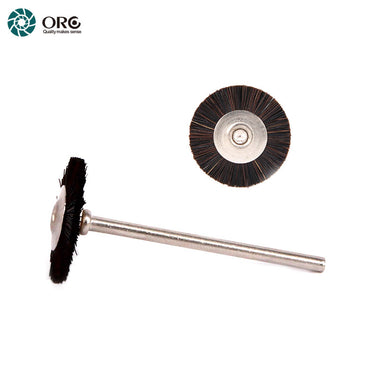Front view and side profile of an ORO miniature black horsehair rotary wheel brush mounted on a steel shank.