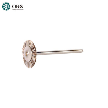 An ORO miniature wheel brush featuring a brown and white mixed bristle design mounted on a slim steel shank.