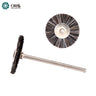 Front view and side profile of an ORO miniature grey goat hair rotary wheel brush mounted on a steel shank.