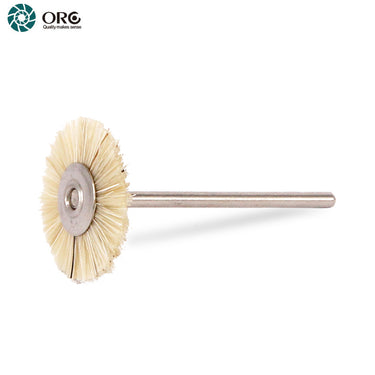 An ORO miniature white natural bristle rotary wheel brush mounted on a straight metal attachment shank.