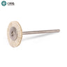 An ORO miniature white goat hair rotary wheel brush mounted on a straight steel attachment shank.