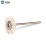 An ORO miniature white horsehair rotary wheel brush attached to a thin steel mounting shank.