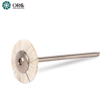 An ORO miniature white horsehair rotary wheel brush attached to a thin steel mounting shank.