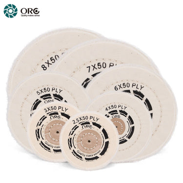 Various sizes of ORO white muslin buffs from 2.5 to 8 inches for fine jewelry mirror finishing.