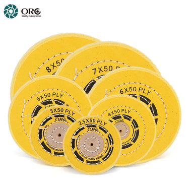 A variety of ORO light yellow muslin buffs in different sizes ranging from 2.5 to 8 inches for jewelry polishing.