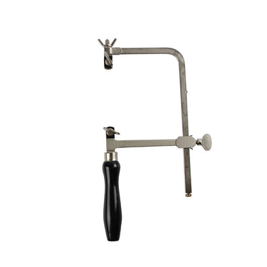 Profile view of an OSCAR Indian adjustable jeweler's saw frame featuring a turned black wooden handle.
