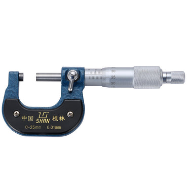 Front view of a blue frame SHAN outside micrometer with a 0-25mm measuring range and 0.01mm graduation.